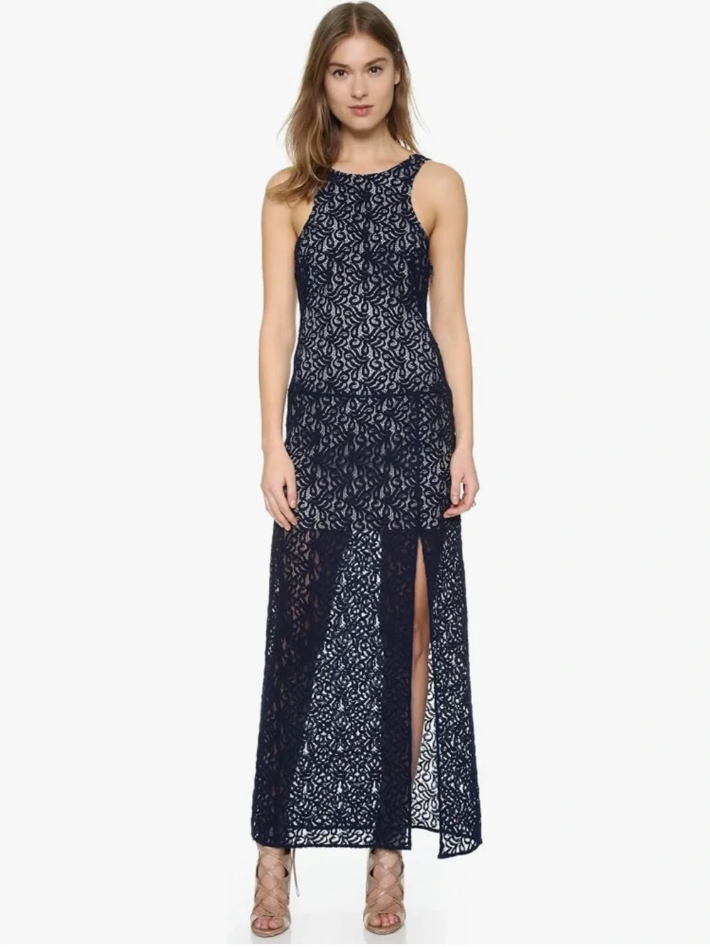 Free People Simply Lace Column Layered Maxi Dress Slit Navy Blue Size 4